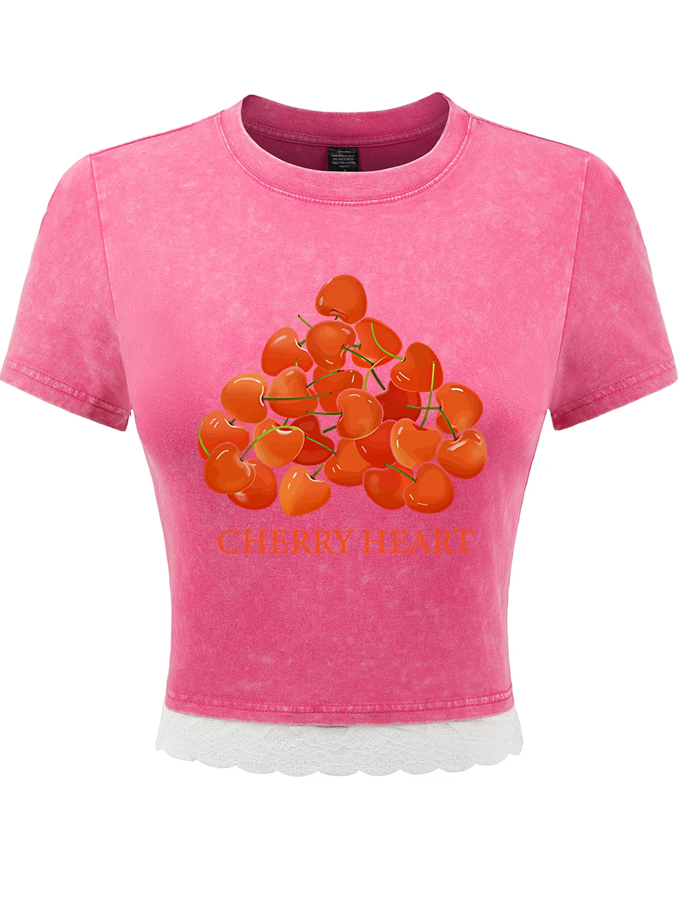 Verse Kersen Hart Patroon Print Katoen Crop Tees Vrouwen Zomer Kant Zoom Gewassen T-shirts Regular Fit Verontruste Tops Sexy Kleding