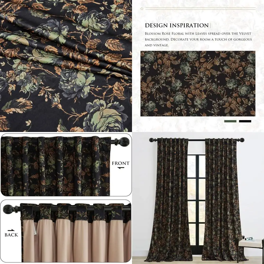 

Термоизолирующие черные шторы с цветочным принтом, 52x84 дюйма, винтажный стиль, 2 панели для домашнего декора