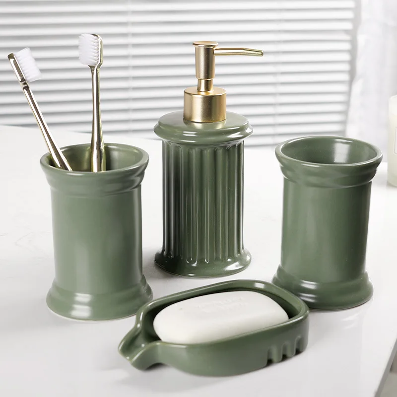 

Roman Pillar Bathroom Set, Green Ceramic Soap Dispenser, Soap Box, Mouthwash Cup, Four Piece Set, Washbasin Retro Decoration