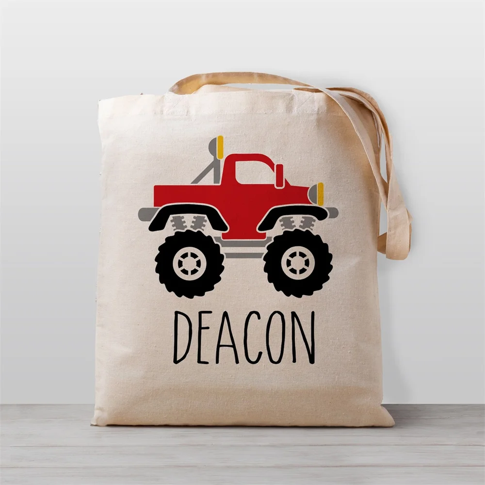 

Personalized Kids tote bag, red monster truck, Name school daycare toy bag, Boy Girl Kids, Gender Neutral Canvas Bag