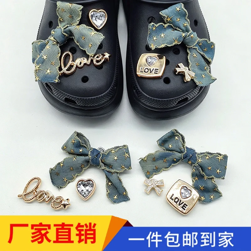 New Arrival Denim Bow Clog Shoe Charms Kit Ins Vibe DIY Shoe Flower Ornaments for Hole Slippers Decor Accessories
