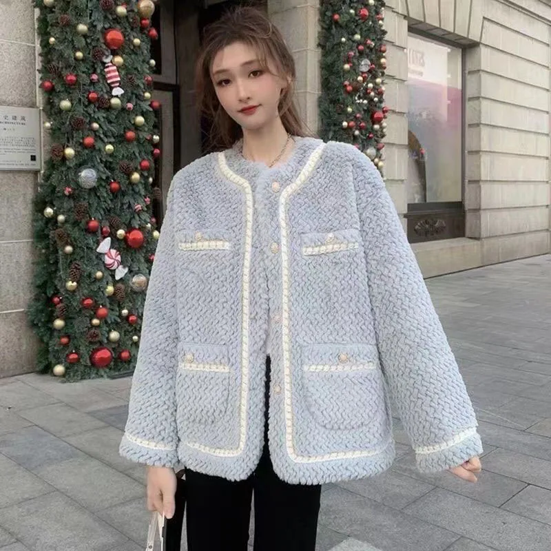 Lucyever coreano sciolto lana di agnello giacche donna autunno inverno addensato caldo peluche cappotti donna Streetwear o-collo capispalla in