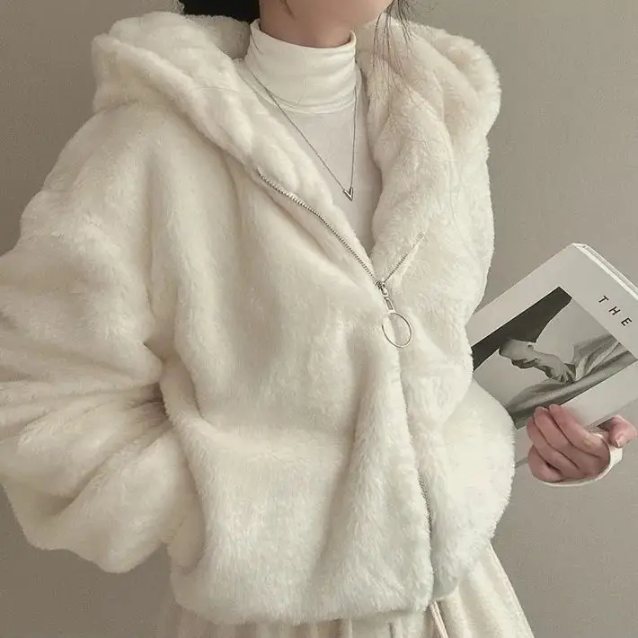 

Hooded lamb wool Korean thick jacket for women in autumn and winter, with thick fleece hoodie and cardigan zipper, and warmth