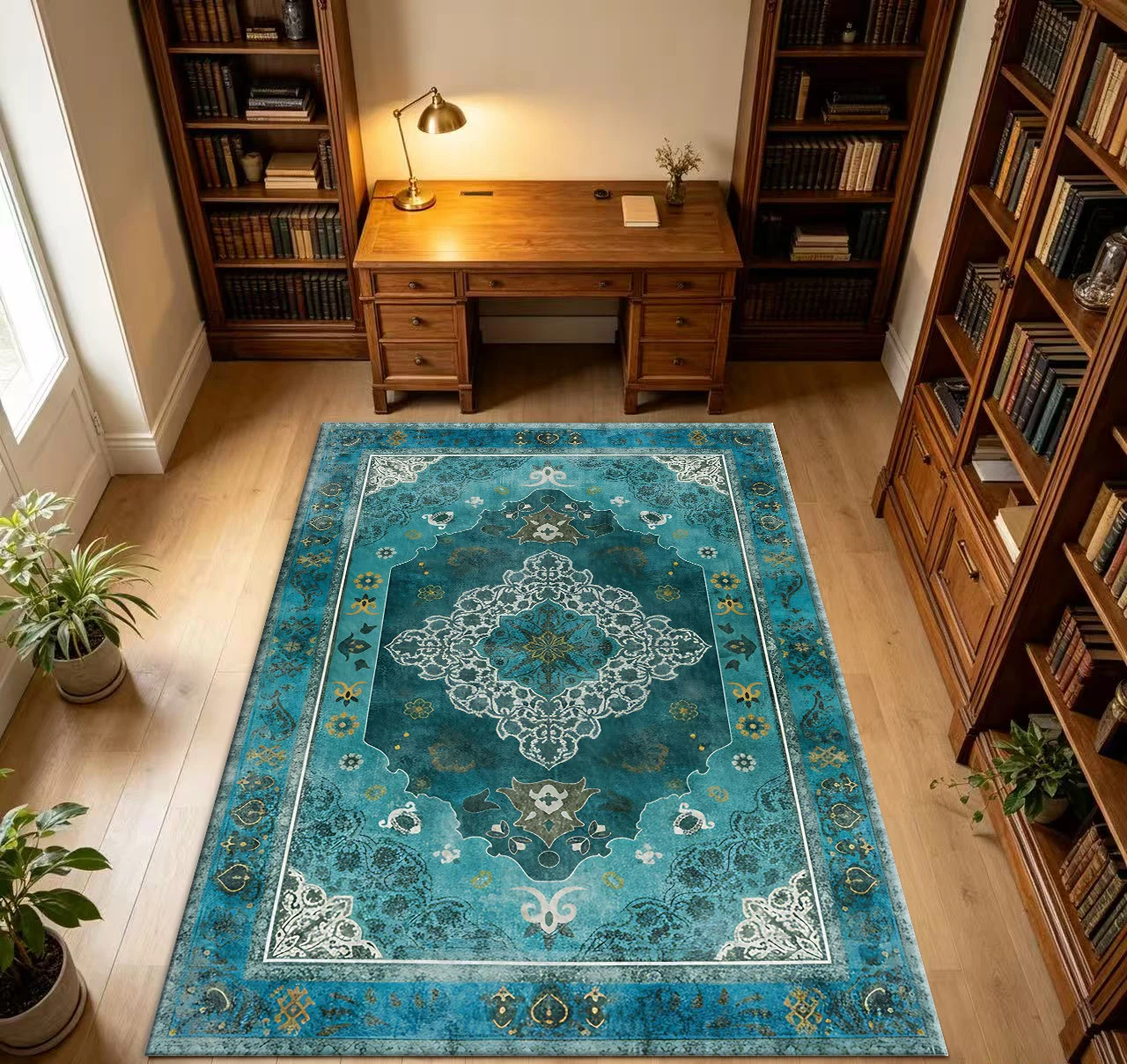 Vintage Oriental Persian Area Rug Teal Blue Medallion Floral Border Floor Mat for Bedroom Living Room Study Home Interior Decor
