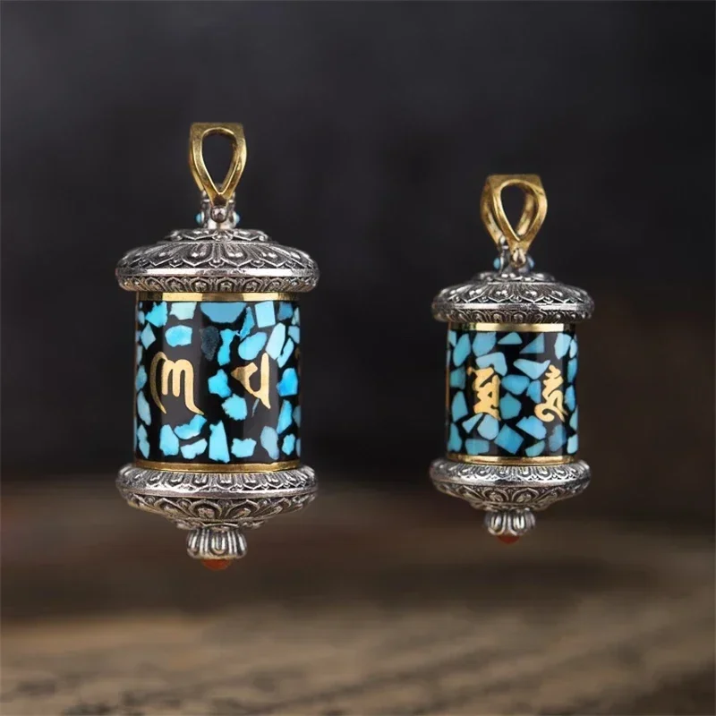 New Personality Retro Turquoise Wulan Flower Turn Through Tube Wu Box Transfer Necklace Pendant for Men and Women Pendants Man