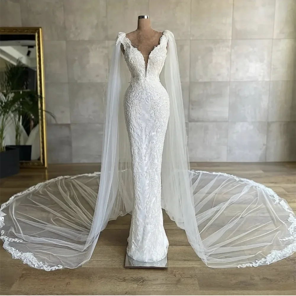 Robe De mariée De luxe en dentelle perlée, avec Cape longue, sur mesure, nouveau Design