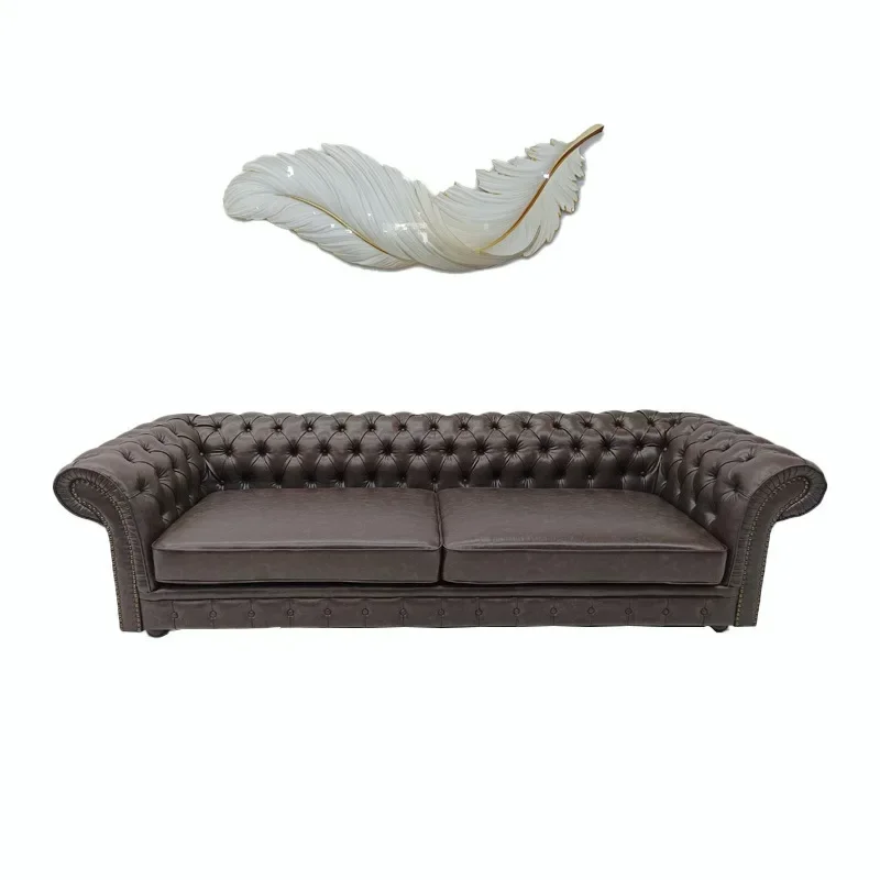 American retro leather sofa three or four people straight row oil wax leather villa living room bar first layer cowhide sofa