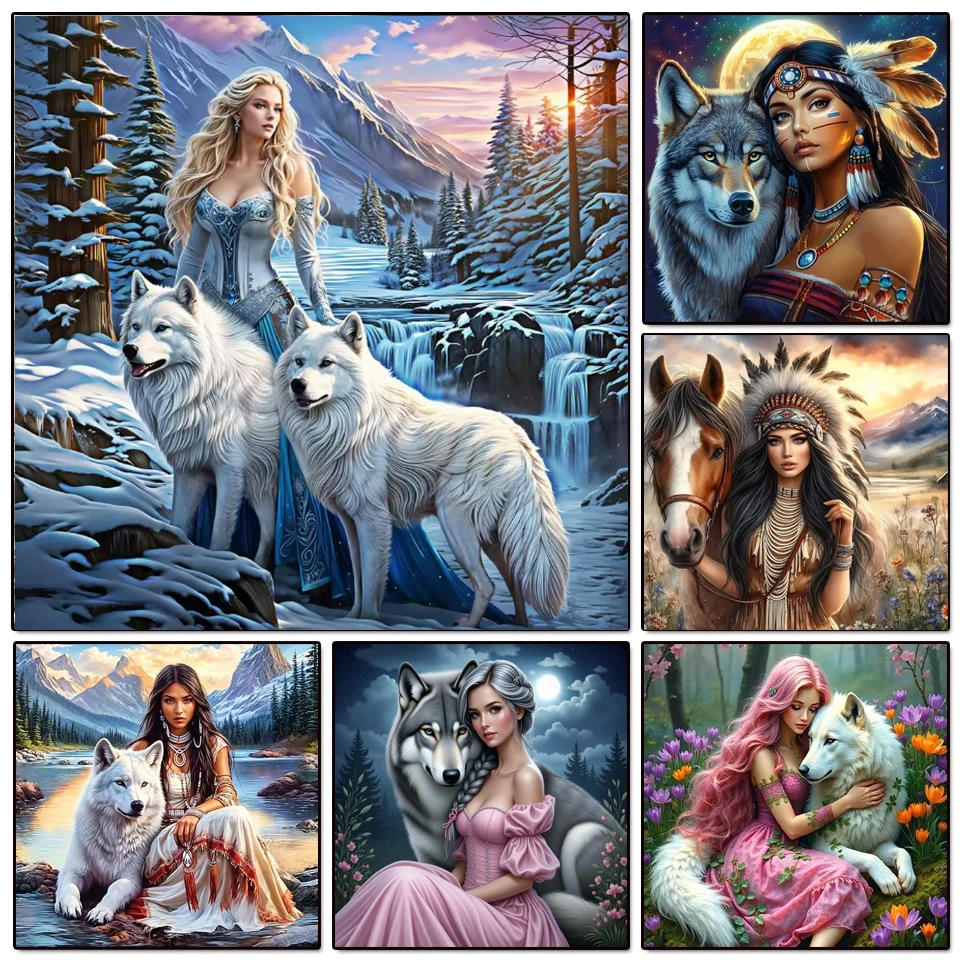 Full Square Round Diamond Painting Beauty Woman Horse Picture Diamond Embroidery Portrait Rhinestones Mosaic Wolf Handicraft