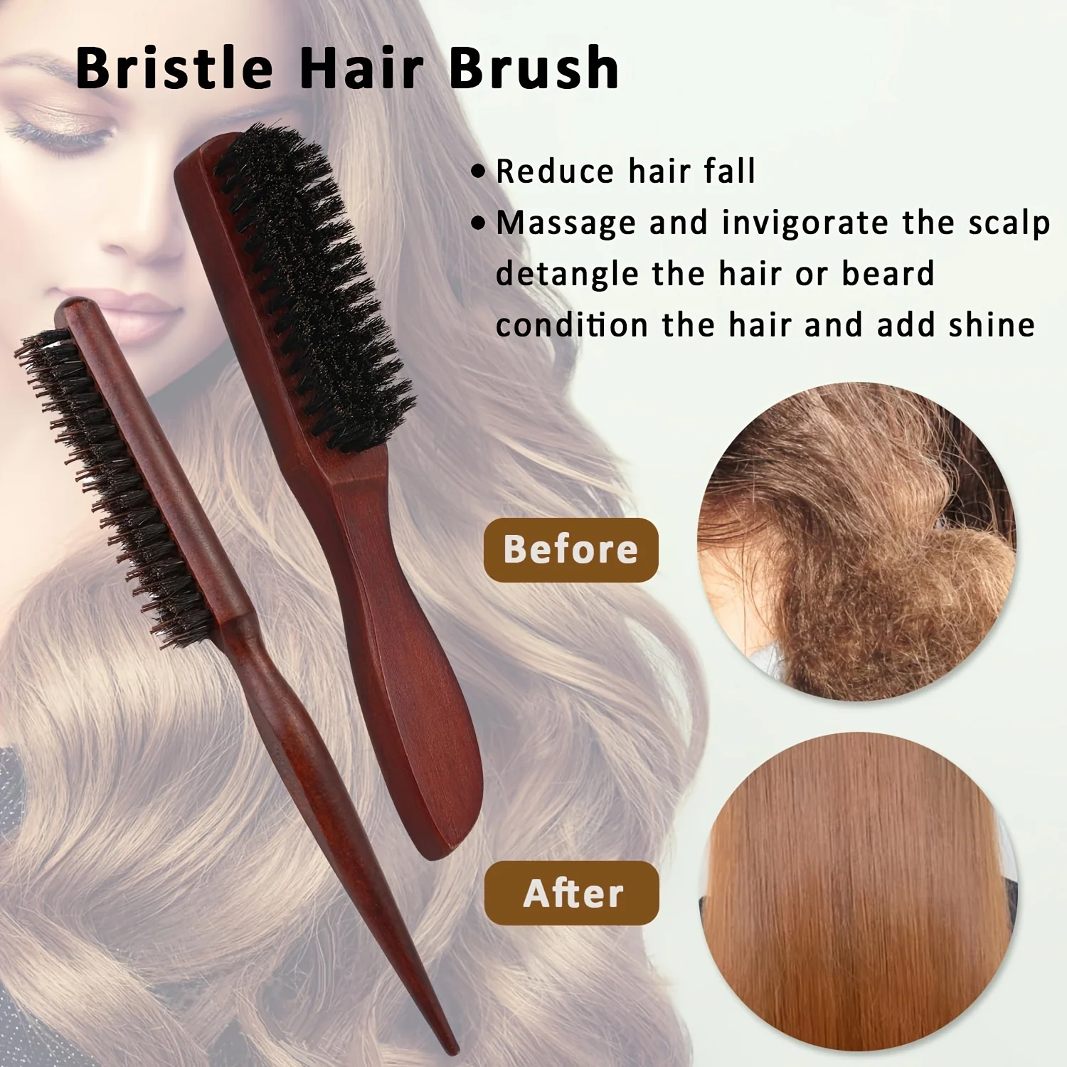 6pcs Wooden Comb Set with Bamboo Handles - Boar Bristle Teasing&Smoothing Combs Spray Bottle Perfect for Slicked Back Hairstyles