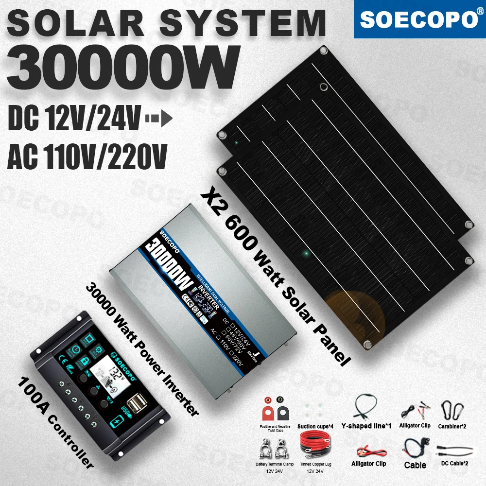 SOECOPO 30000W Easy-Install Flexible Solar Kit 2×600W Panel 100A Controller 110V 220V Inverter for Car,RV,Boat/Home Backup Power