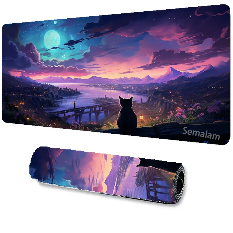 Starry Sky Art Desk Mat Oil Painting Cat Gaming Mouse Pad Non-slip Rubber Base Precise Seam Washable PC Pads for Game & Office