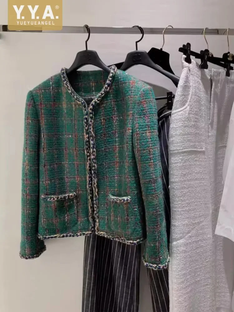 Bürodamen Mode Elegante Tweed-Jacke V-Ausschnitt Langarm Frühling Herbst Lässige Oberbekleidung Neue Designer Damen Karierte Jacken