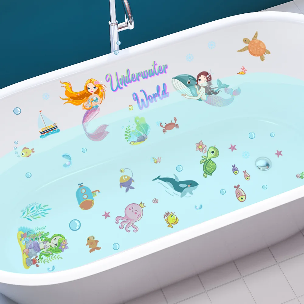 

6 sheets Mermaid Sea Underwater World Cartoon Figure & Animal Print Non-Slip Bathtub Stickers - Anti-Slip PVC Bathtub Appliques
