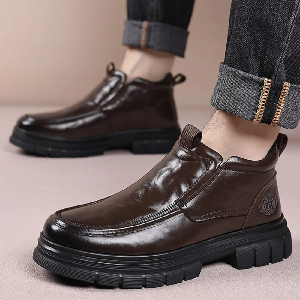 Men's Business Formal Leather Boots 2026 Thickened Plush Cotton Retro High Cut Thick Soled Shoes for Casual And Formal Wear
