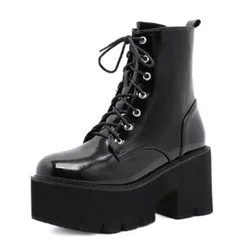 Luxury Chunky Motorcycle Boots for Women Autumn Winter Goth Boots Fashion Round Toe Lace-up Combat Boot Ladies High heels Shoes