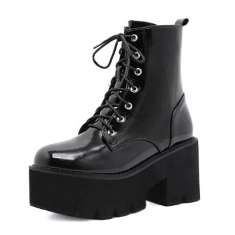 Luksusowe grube buty motocyklowe dla kobiet Jesień Zima Goth Buty Moda Okrągłe palce Sznurowane buty bojowe Damskie buty na wysokim obcasie