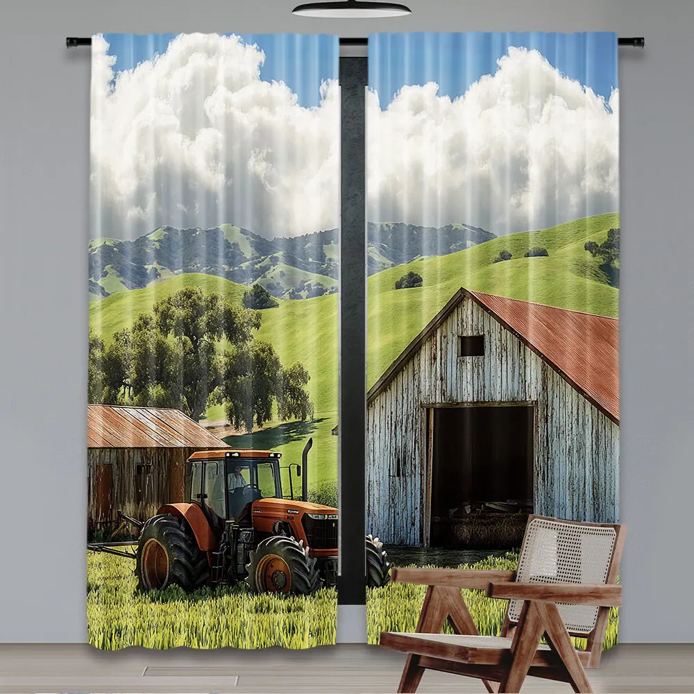 2Pcs Rustic Curtain Old Barn With A Tractor Hillside Enclosed With Trees Suitable For Bedroom Living Room Dining Room And