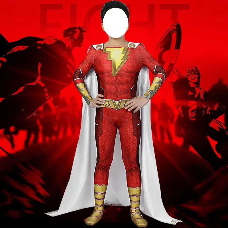 Captain Costume Billy Batson Shazam Cosplay Costumes for Kids Children Size 3D Printed Anime Cosplay Jumpsuits Mantle Cape