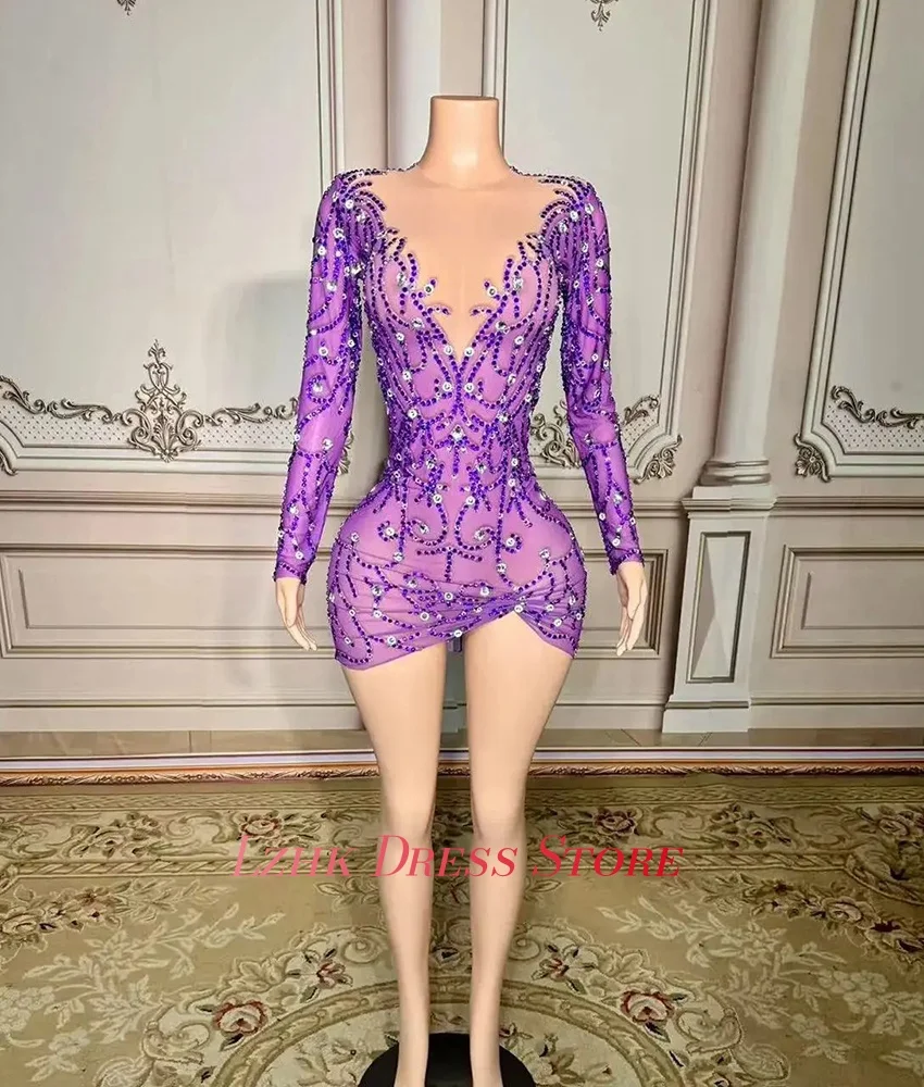 カスタムメイドの高級ジャージーストレートクリスタルビーズ刺繍イブニングドレス高品質長袖Oネック女性用イブニングドレス