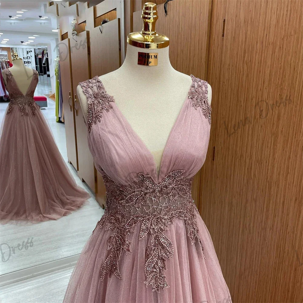 Lena powder blusher elegant sexy wedding party dress A-line applique lace celebrity dress special occasion dress custom evening