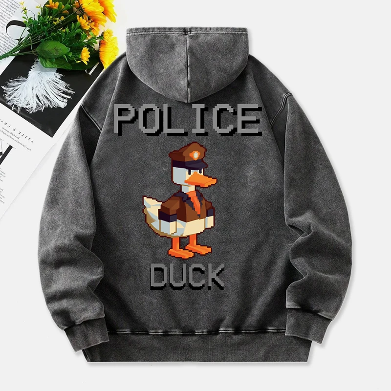 Police Duck Washed Hoodies Women Cartoons Prints Cotton Pullovers Comfortable Pocket Oversized Hooded Fashion Womans Clothes