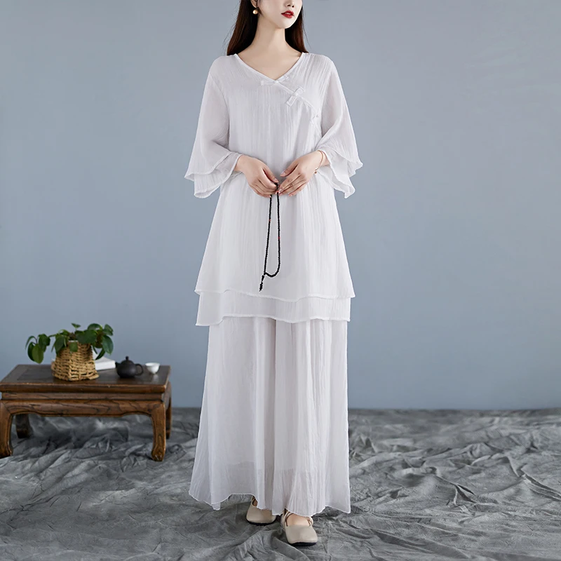 

High-End Women's Cotton Linen Yoga Wear Zen Study Loose Chinese Style Hanfu Buddhist Zen Spirit Two-Piece Set