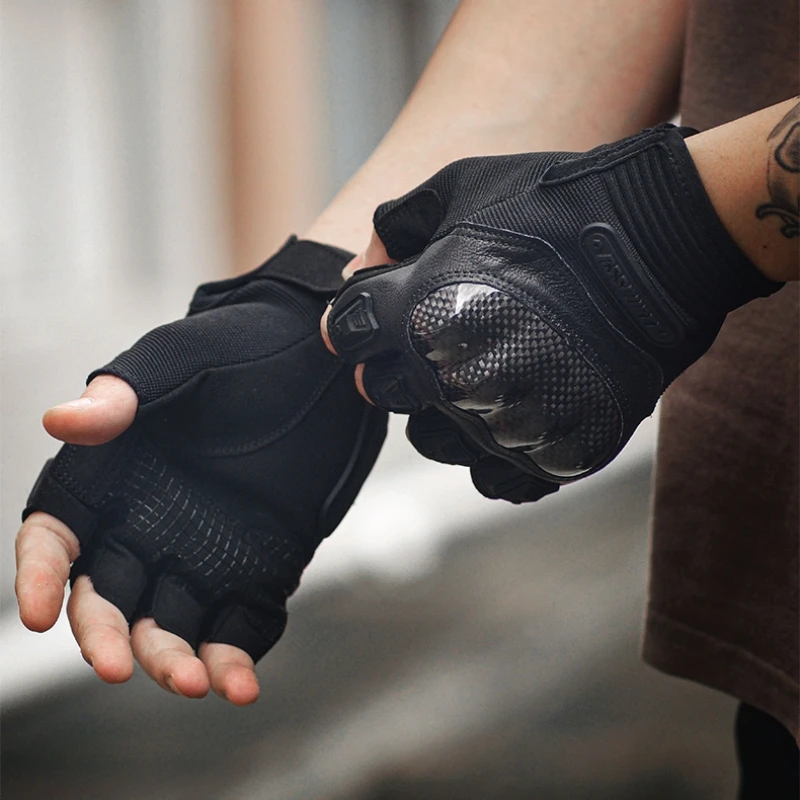RS Summer Half Finger Motorcycle Gloves Sheepskin Leather Carbon Fiber Protective Shell Motorcycle Motorbike Motocross Gloves view 6