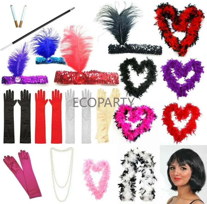 1920s Women Vintage Flapper Gatsby Costume Accessories Set 20s Headband Pearl Necklace Gloves Cigarette Holder Shawl Scarf Set