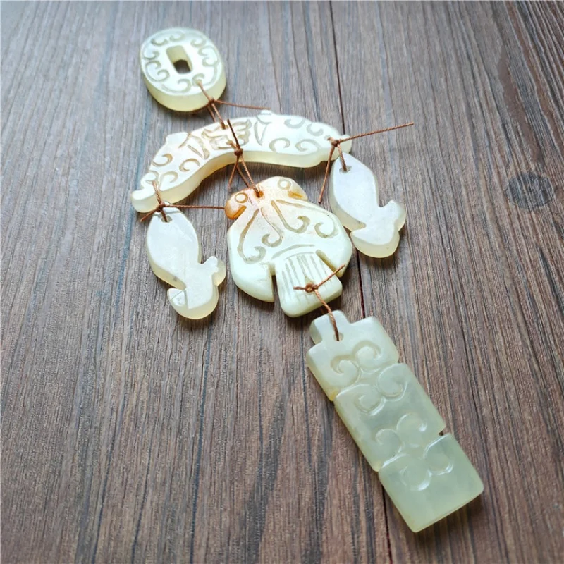 Xiuyu-Colgante de Jade de Piscis, joyería antigua, juego de colgantes de campanas de viento desgastadas, Jade Vintage