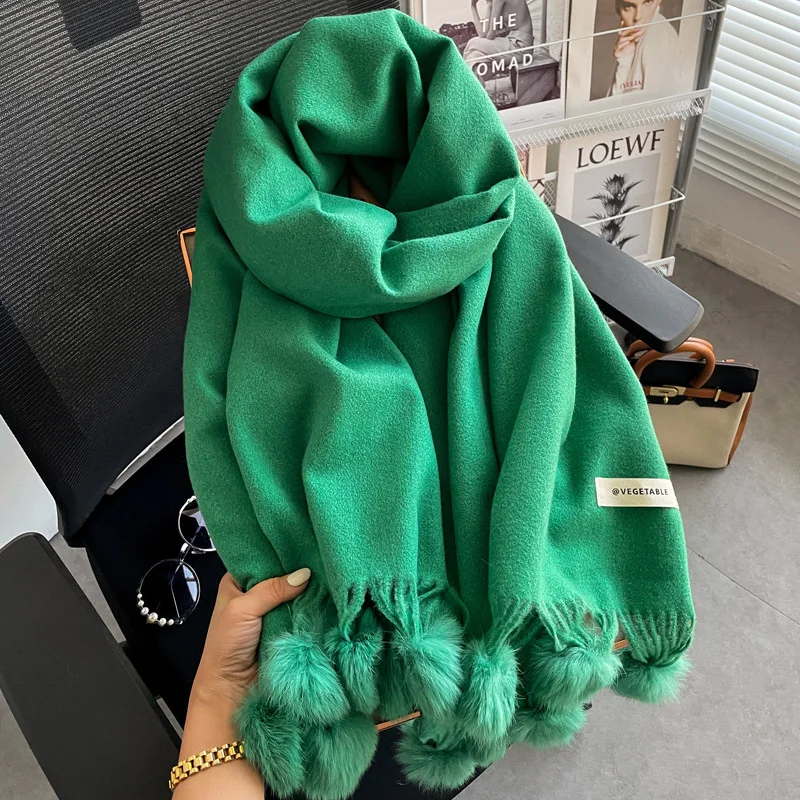 2024 Winter Scarf For Women Long Warm Cashmere Scarves Hijab Solid Lady Shawl Wrap Female Pashmina Bandana Hairball Scarfs New