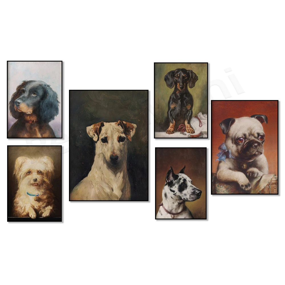 Vintage dog portrait, terrier, dachshund, rottweiler, dalmatian, pug, pet puppy portrait oil on canvas, British whimsical poster
