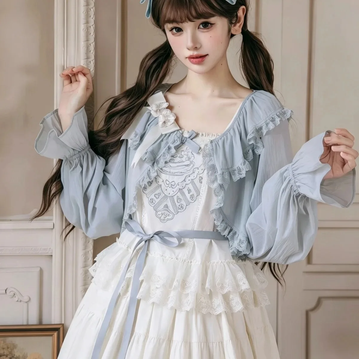 Japanese Kawaii Lolita Style Short Cardigan Women Sweet Bow Lace Reffles Long Sleeves Coat Korean Fashion Elegant Y2k Crop Tops
