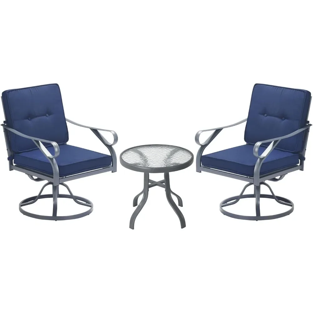 

3 Piece Outdoor Patio Bistro Set with 2 360-Degree Swivel Rocking Chairs, Cushions, and 1 Tempered Glass Table for LawnPorch,