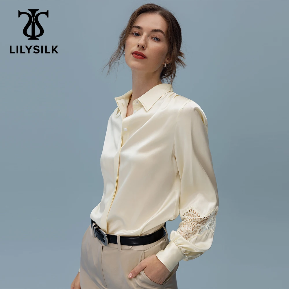 LILYSILK Silk Evening Shirt For Women Hollow Out Lace Sleeve 22 Momme Long Sleeve Blouse Ladies Party Clothing Free Shipping