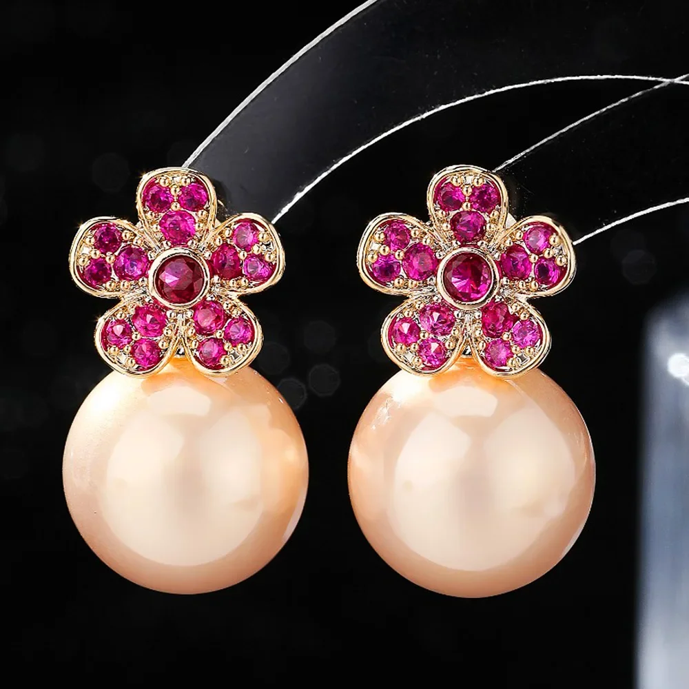 

Soramoore Trendy Flower Pearl Dangle Earrings For Women Bridal Wedding Multicolor CZ Bijoux High Quality Brand Gorgeous Trendy
