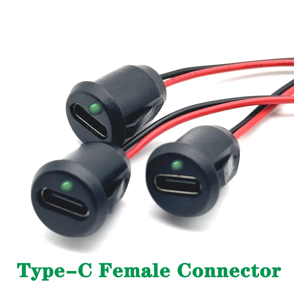 

2pin With LED lights 24Awg USB Type C Direct compression Charging Socket Plate Waterproof USB-C Power Port Female Connector Jack