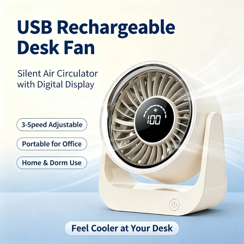 usb充電式デスクファン-デジタルディスプレイ搭載-静音エアサーキュレーター-オフィス・寮・家庭用-ポータブル-3段階風量調整可能