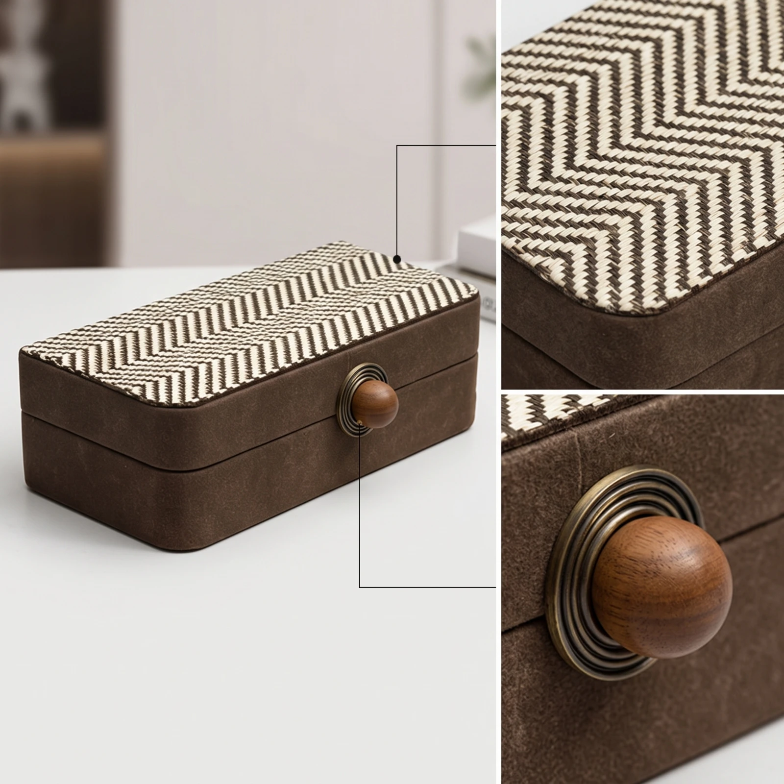 Tissue Box with Wooden Knob Striped Desktop Storage Box Desk Organizer Elegant Retro-Style for Vanity, Bedside Table