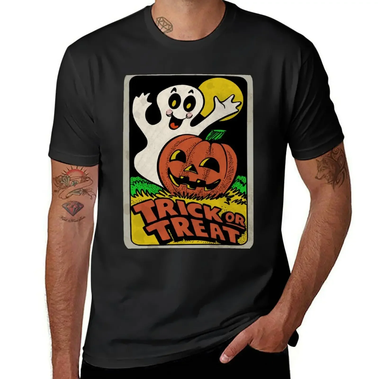 

Vintage Halloween Trick or Treat Ghost with Pumpkin T-Shirt cotton graphic tees man clothes clothing for men