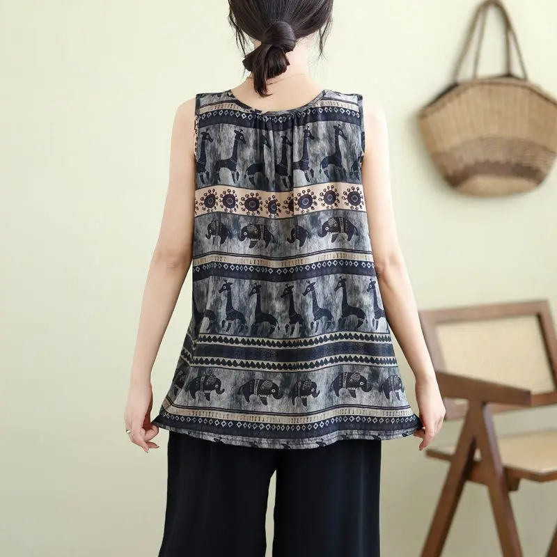 Nuevo chaleco sin mangas con cuello redondo a la moda, camisetas holgadas informales con estampado Retro para mujer, camisetas sin mangas con parte inferior