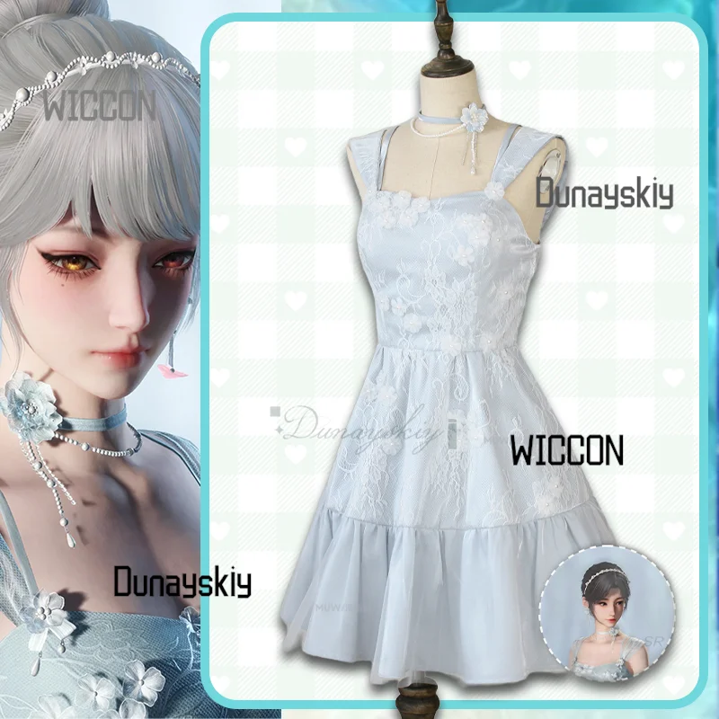 

Love and Deepspace Heroines Cosplay Costume Game Blue Dress Headwear Necklace Earrings Full Set For Carnival Suit Hallowen