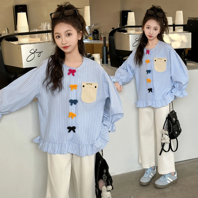 

Fashion Kids Girl Blue Stripe Round Collar Blouse with Ruffles Child Spring Autumn Clothing School Long Sleeve Shirt with Bows