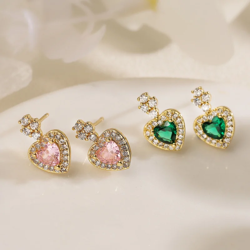 

European and American Fashion Exquisite Copper Plated Real Gold Zircon Heart Earrings for Women Niche Light Luxury High-end Earr
