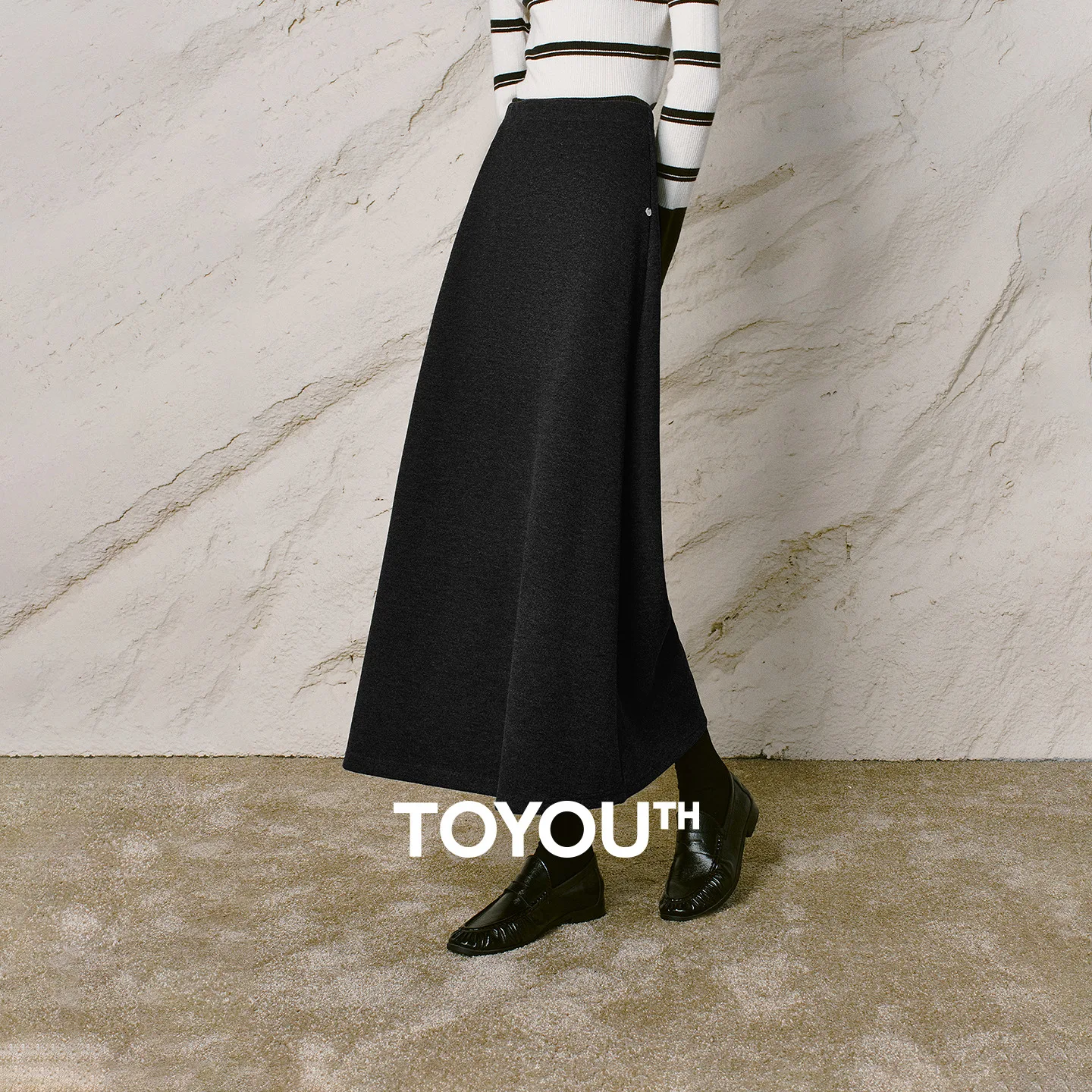 TOYOUTH Women Midi Skirt 2026 Winter New High‑Waist A‑Line Office Long Skirt