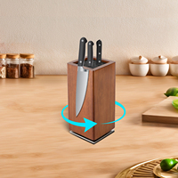 360° Rotating Magnetic Knife Block Acacia Wood Stainless Steel Holder for 15+ Knives Strong Magnet Kitchen Countertop Organizer