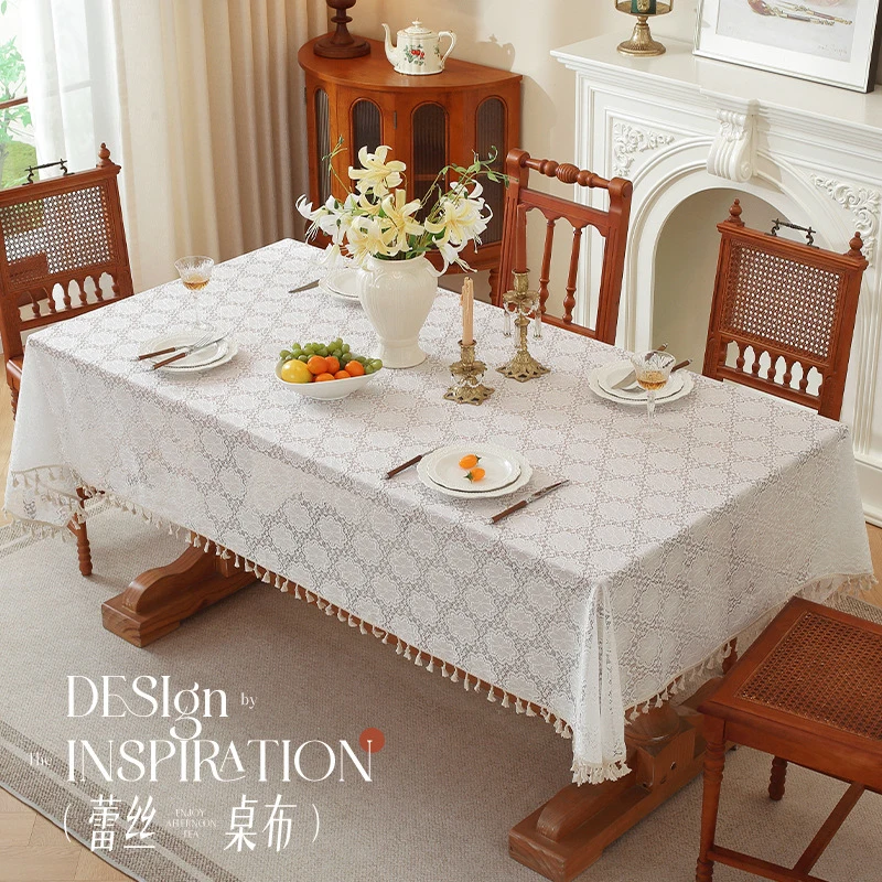 New French-style lace tablecloth with an atmospheric feel, rectangular tablecloth for dining, tea table cover, dustproof for hom