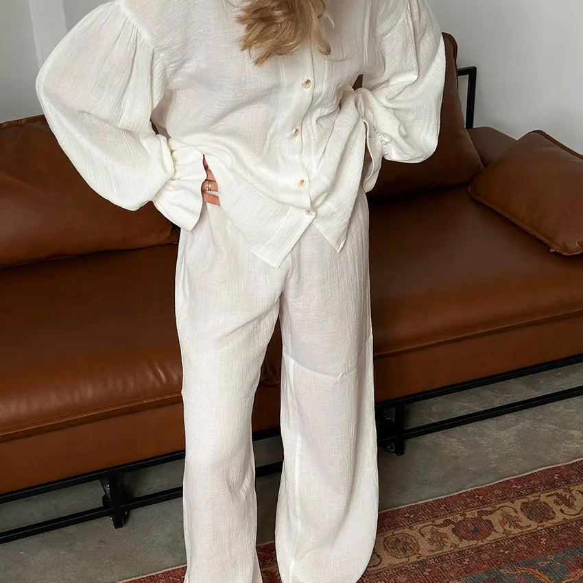 Pajamas Sets Winter Models of Cotton Casual Flared Sleeves Cardigan Long Pants White Two-piece Set of Soft Ladies Loungewear