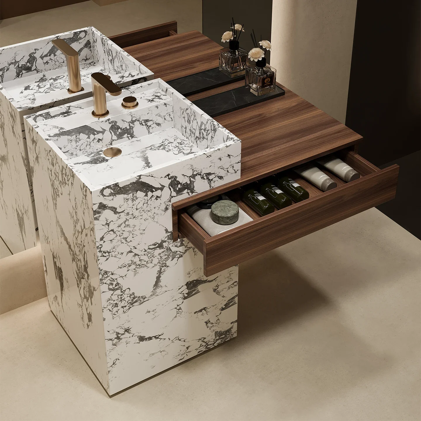 Customized hotel villa travertine rock slab column basin integrated washbasin hand pool outdoor courtyard bathroom cabinet