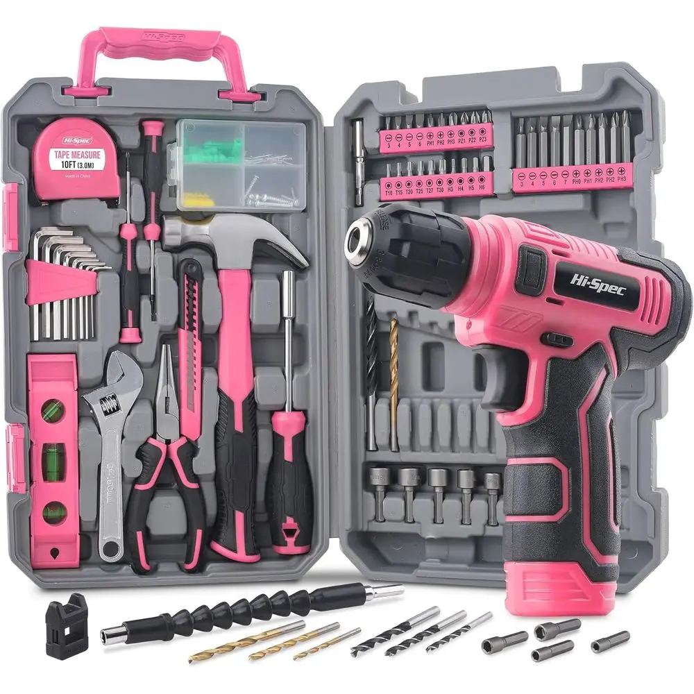 

USB Pink Power Drill Driver and Complete Home Tool Kit Set for Women, Ladies Cordless Rechargeable Electric Drill Driver and Com