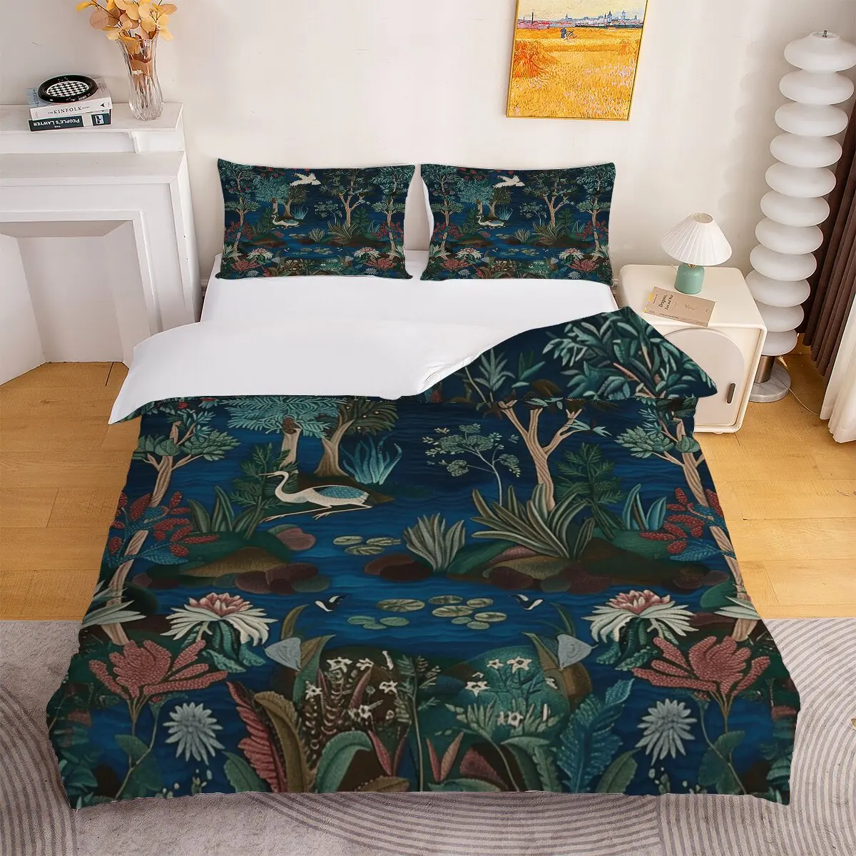 Egrets fly  duvet cover   lotus pond  Printed duvet cover 3-piece set with 2 pillowcases